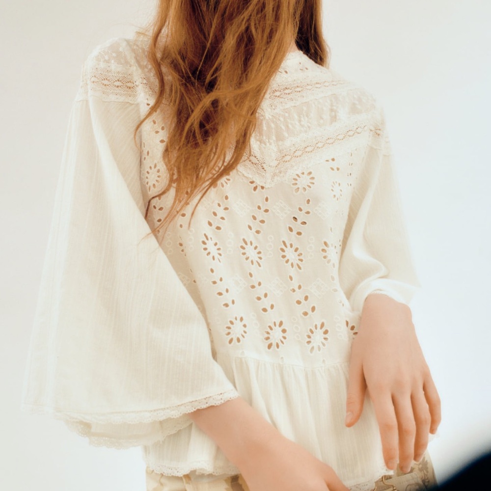 Zara Lace Embroidered Eyelet Boho Bell Sleeve Blouse Top